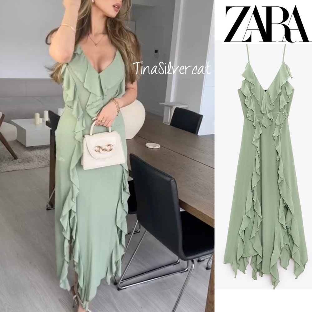 BLOGGER'S FAVE! Zara Long Ruffled Dress Sea Green NWT - Picture 6 of 17